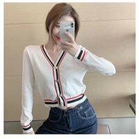 áo cardigan len mỏng trắng viền kẻ thời trang hàn quốc