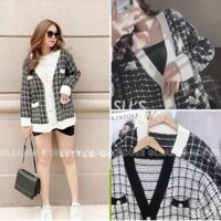 Áo cardigan len nữ dáng dài kẻ caro đen trắng ulzzang Hàn Quốc cá tính ( Ảnh thật/video) - Hàng mới về