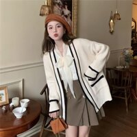 Áo Cardigan Len Nữ Dáng Dài Cúc Cài Chạy Sọc Túi Trước  2 Màu Cute
