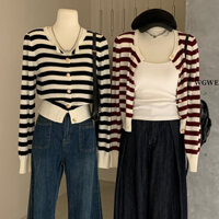 Áo cardigan len nữ Form Vừa Thu Đông Sọc ngang Áo khoác len Mỏng nữ Kẻ Sọc ngang style Hàn quốc