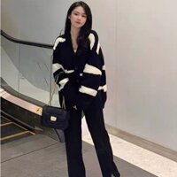 Áo cardigan len nữ hàn quốc maika phối màu đen trắng kiểu dáng unisex dễ thương