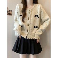Áo cardigan len nữ Hàn Quốc, họa tiết chấm màu, mẫu mới thu đông, dáng ngắn, trang trí nơ xinh, thời trang và ấm áp