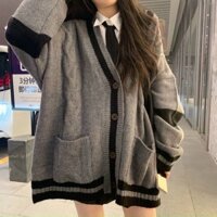 Áo Cardigan Len Phối màu xám đen phong cách Hàn Quốc, Áo Khoác Nữ Hottrend K002