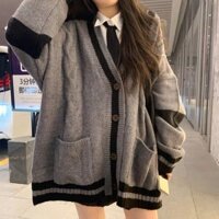 Áo Cardigan Len Phối màu xám đen phong cách Hàn Quốc trẻ trung, Áo Khoác Nữ Hottrend KUNSHOP