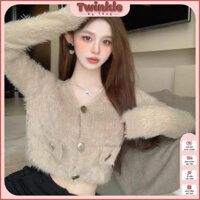 Áo Cardigan Lông Thỏ Khuy Đồng Phong Cách Sang Chảnh - Áo Len Lông Thỏ Dài Tay Dáng Croptop Cài Khuy Thời Trang
