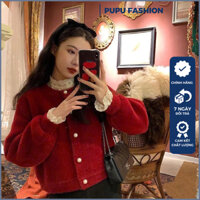 Áo cardigan lông thỏ Pupu cúc ngọc, Áo khoác len dáng ngắn thời trang tết và noel