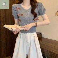 Áo Cardigan Mỏng Dệt Kim, Áo Len Mongtoghi Phối Cổ Tim Tay Cộc Đính Nơ Kẻ Dáng Karo Ôm Body Phong Cách Hàn Quốc Nvn.Stor