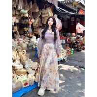 Áo Cardigan Mỏng Kiểu Trung Quốc Áo Ống Màu Tím Quần Váy Hoa Dài Cạp Cao Bộ Ba Chiếc Mẫu Mới Cho Nữ