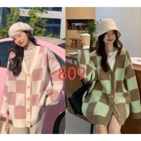 Áo Cardigan Nữ Len Dệt Kim Dài Tay Cổ V Dáng Rộng Họa Tiết Kẻ Vuông Hàn Quốc, Hàng Quảng Châu