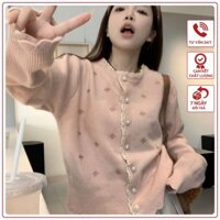 Áo cardigan thêu lá Zuly cúc ngọc viền ren, Áo khoác len hai màu tiểu thư đi tiệc