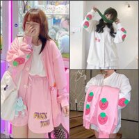 Áo Cardigan TRÁI DÂU CUTE Unisex, AO KHOAC NI,ÁO HOODIE NỮ - Hồng,Size L