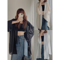 Áo cardigan voan mõng dáng dài, áo khoác voan tơ form rộng màu Kem/Đen/Be kiểu basic Hàn Quốc dệt kim quyến rủ