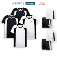 Áo cầu lông YONEX và LINING. Áo thể thao phối trắng đen nam nữ vải Ánh Kim thoáng khí, logo in decal