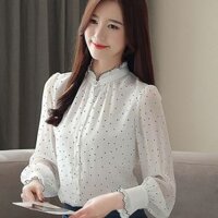 ÁO CHẤM BI CỔ BÈO VIỀN CHỈ HN3072