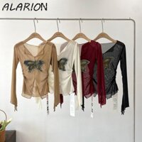 Áo chắp vá hình bướm ALARION, Áo sơ mi lưới không đều kiểu Mỹ, Áo thun dài tay cổ chữ V có khe thẩm mỹ Áo thun chống nắng mùa hè