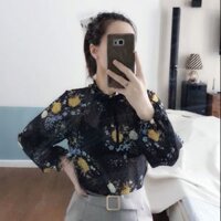 Áo chiffon hạt in hoa cổ cột dây nhung