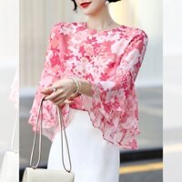 Áo Chiffon Nữ Cổ Tròn Tay Lá Sen Áo sơ mi cộc tay Áo hồng cánh sen In Họa Tiết Màu Hồng Thời Trang Cho Nữ