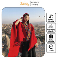 Áo Choàng Len Unisex, Khăn Choàng Len Nam Nữ Họa Tiết Thổ Cẩm Thời Trang Thu Đông Màu Đỏ - DAISY - LN018