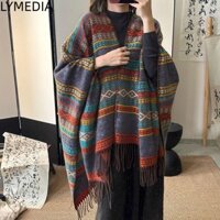 Áo choàng LYMEDIA, Khăn choàng phong cách dân tộc sọc thu đông, Áo len Cashmere giả