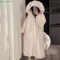 Áo choàng ngủ dài tay BLAZESKY, Đồ ngủ lông cừu san hô sang trọng Kawaii, Váy ngủ dáng rộng dễ thương Tai thỏ Bộ đồ ngủ Áo choàng nữ bé gái