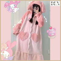 Áo choàng ngủ  Đầm ngủ dễ thương lông cừu san hô 2 mặt dày dặn mềm mịn Tạo hình tai thỏ túi trái tim dễ thương