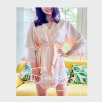 Áo choàng ngủ phi lụa WANNABE KIS06 áo khoác kimono lai áo, lai tay phối ren xinh xắn nữ tính sang trọng - Hồng cam - Freesize