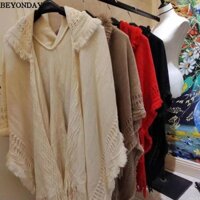 Áo choàng tua rua nữ BEYONDAY, Áo choàng dệt kim có mũ trùm đầu ấm áp mùa đông, Áo choàng sọc xiên Bohemian quấn khăn quàng cổ