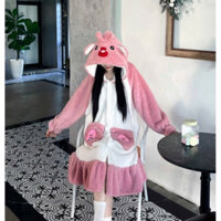 Áo choàng, váy ngủ lông cừu loopy hồng mùa đông ANS