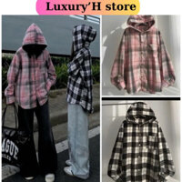 Aó chống nắng , Áo Sơ Mi Khoác Ngoài Nam Và Nữ Caro Có Nón Form Rộng Chất Vải Dạ Kẻ Sọc Dày dặn Thoáng Mát Unisex