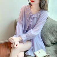 Áo chống nắng mẫu mỏng màu trơn mẫu mới mùa hè Áo sơ mi thời trang siêu nhẹ mẫu mỏng cổ Tròn Nơ Bướm áo nữ
