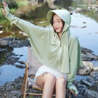 Áo Chống Nắng Nữ Big Size Croptop Phiên Bản Mũ Rộng Vành Vải Lụa Băng Chống 50+ UPF 90%