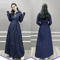 Áo chống nắng nữ toàn thân vải bò jean 2 lớp dáng xòe không xẻ sau che kín chân thoáng mát mẫu mới 2022 - Xanh than trơn,S40-45kg,dài 1m50