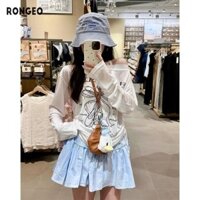 Áo chống nắng siêu nhỏ màu trắng phong cách Mỹ Áo thun dài tay kiểu dáng rộng và lười biếng dành cho nữ