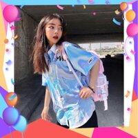 ÁO CỔ BẺ CỘC TAY NAM NỮ LOANG MYN DÁNG SƠ MI phom thụng ulzzang/ Áo sơ mi họa tiết chữ trẻ trung cá tính MÀU XANH HOT [C