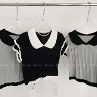 Áo Cổ Bèo Tay Nhún Thun Gân Xám / Đen | Rosela Studio