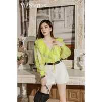 Áo cổ bèo voan xanh thiết kế Vip Station PVN600