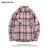 áo có cổ áo evisu BOYUE Silk Leap Xu hướng Mỹ Hip Hop kẻ sọc Áo thêu Cá tính đẹp trai Teen Áo sơ mi hồng Nam và Nữ