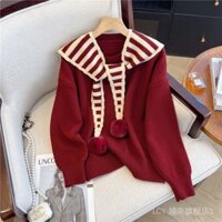 Áo cỡ lớn màu đỏ quần áo năm mới không khí Giáng sinh áo len khăn choàng sọc đỏ cho nữ áo dệt kim hai mảnh mềm giả sáp phong cách lười mùa thu đông áo