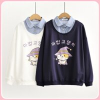 Áo cổ sơ mi giả 2 lớp mèo phù thủy
