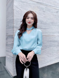 ÁO CỔ V CÁCH ĐIỆU VAI CƯỜM - s - xanh dương