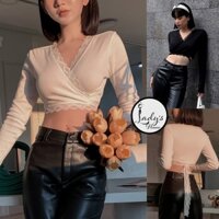 Áo Cổ V Tay Dài Croptop Viền Ren Cột Dây Eo Bigsize Chất Thun Gân "REN"