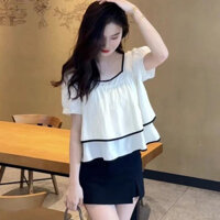 Áo cổ vuông phong cách Hàn Quốc ngọt ngào và cay, che khuyết điểm cho phụ nữ, thời trang mùa hè, ngọt ngào, trẻ trung, dáng rộng, tay ngắn giảm cân