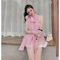 Áo cổ yếm nữ voan 2 lớp buộc nơ