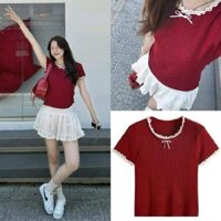 áo cộc nơ nữ ( sz 40-60kg ). áo phông cotton nơ màu đỏ cho nữ , áo ôm body cổ phối ren điệu