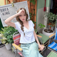 Áo cộc tay Giselle , Áo nữ tay ngắn cổ V phối viền rên