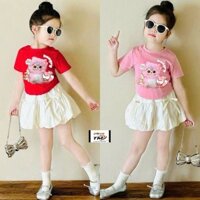 Áo Cộc Tay In Hình Baby Three Hungry+ Váy Kem Dáng Bí Xinh Xắn Bé Gái 8-30kg