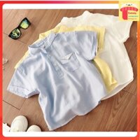 Áo cộc tay sơ mi cho bé 2-8 tuổi cổ tàu túi ngực Tommy, Sơ mi bé trai vải đũi nhẹ mát