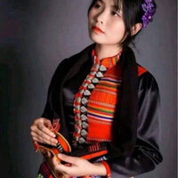 áo cóm cổ đứng phi bóng đen nửa thổ cẩm khít tay dài , áo cóm dân tộc thái