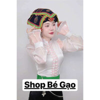 áo cóm cổ sóng phi bóng trắng nẹp hồng riềm tay tơ dài xoè , áo cóm dân tộc thái