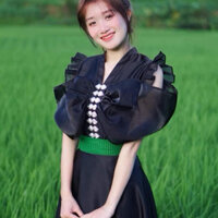 áo cóm cổ V phi bóng đen nẹp đen 2 cánh bươm tay riềm , áo cóm dân tộc thái